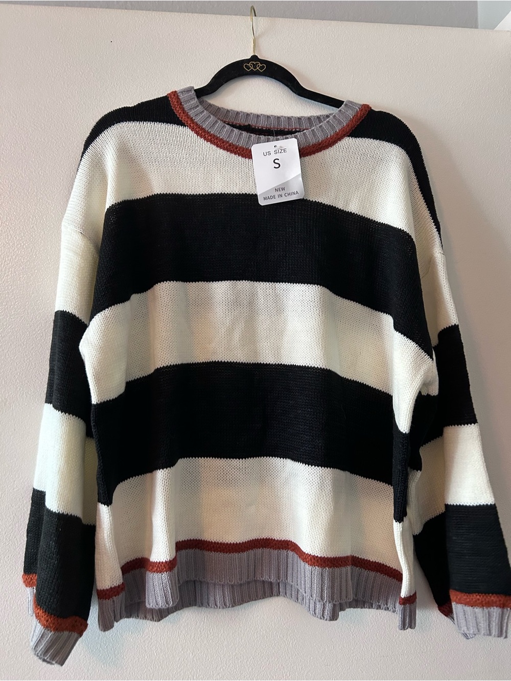 Oversized Black & White Striped Crewneck Sweater with Rust and Gray Trim